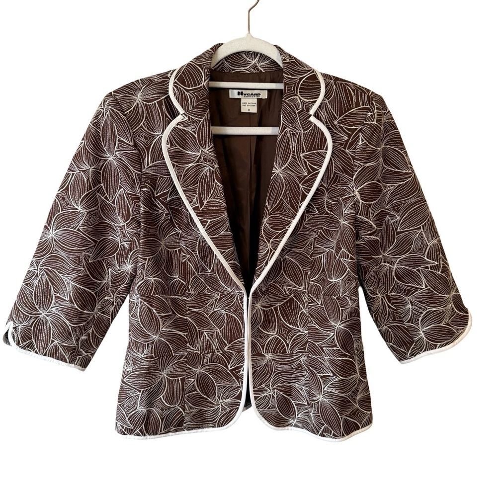 Nygard Collection Brown Leaf Print 100% Linen Blazer with White Trim Size 8 Work